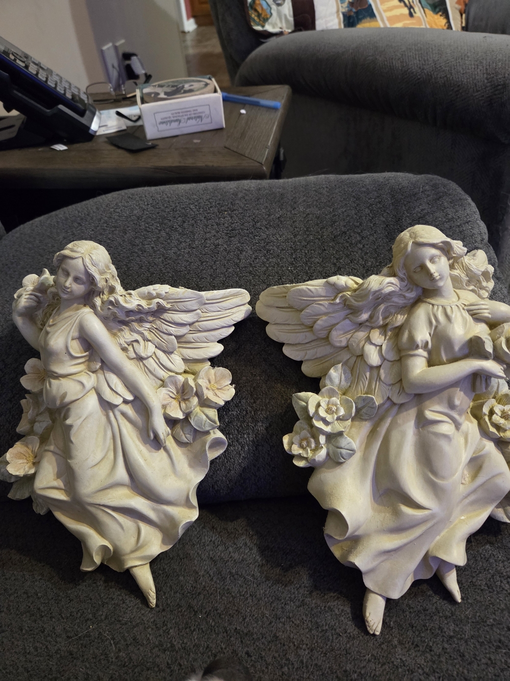 Pair of Cream Resin Angel Wall Plaques with Floral Accents